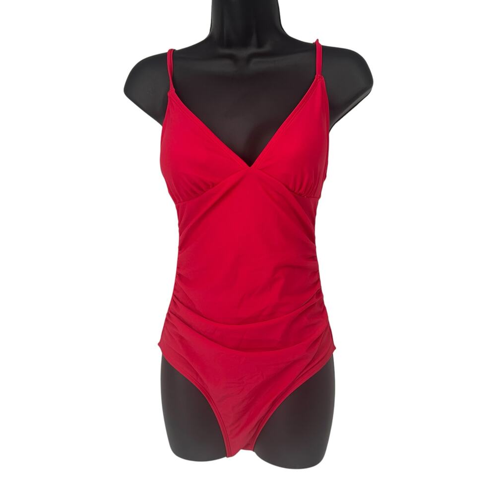NEW Cupshe Red Shirring V Neck One Piece Swimsuit Small